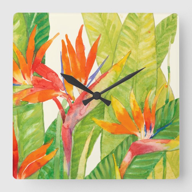 Tropical Flowers | Bird of Paradise Square Wall Clock (Front)