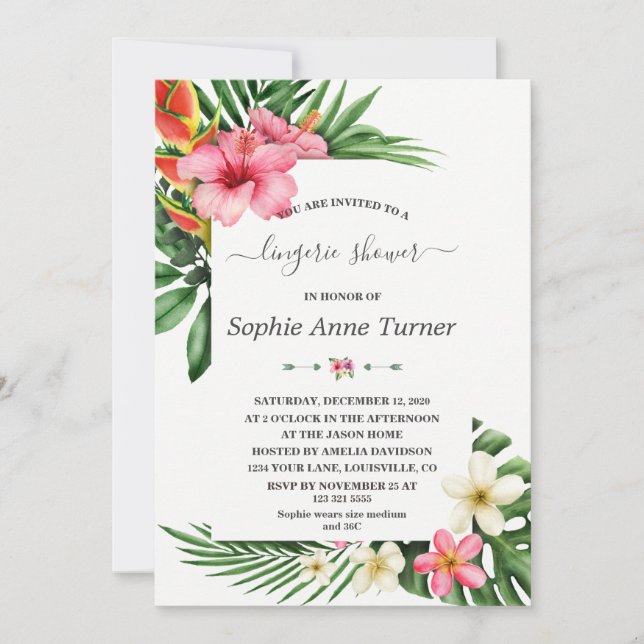 Tropical Flowers Bloom Calligraphy Lingerie Shower Invitation (Front)