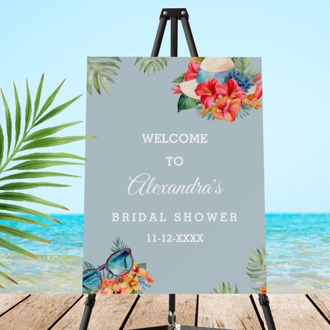 Tropical Flowers Blue Beach Bridal Shower Welcome Foam Board (Creator Uploaded)