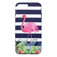 Tropical flowers blue strioes & pink flamingo