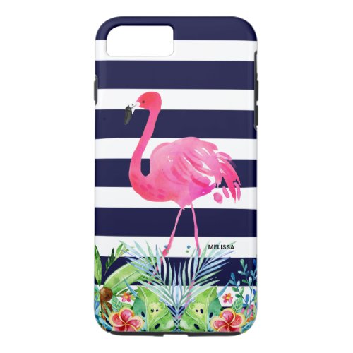 Tropical flowers blue strioes  pink flamingo iPhone 8 plus7 plus case