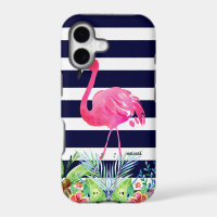 Tropical flowers blue strioes & pink flamingo