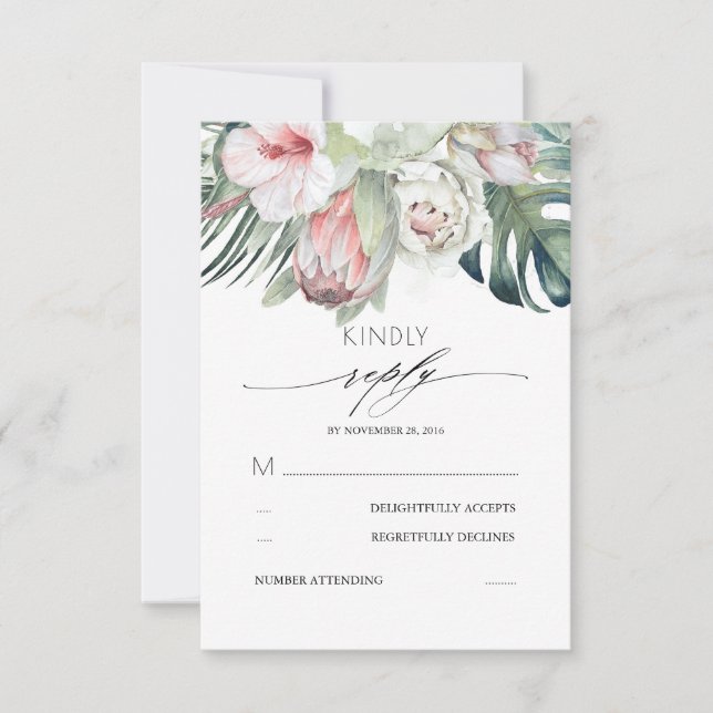Tropical Flowers Blush Pink Wedding RSVP (Front)