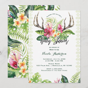 Tropical Flowers Boho Rustic Antler Baby Shower Invitation