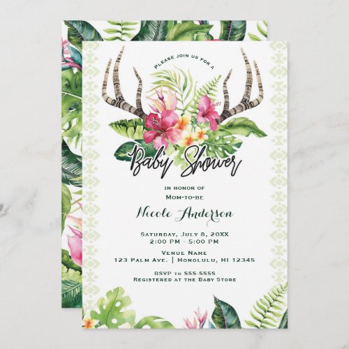 Tropical Flowers Boho Rustic Antler Baby Shower Invitation