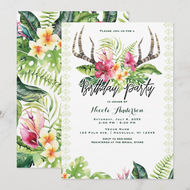 Tropical Flowers Boho Rustic Antler Birthday Party Invitation (Front/Back)