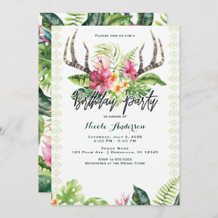 Tropical Flowers Boho Rustic Antler Birthday Party Invitation