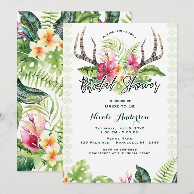 Tropical Flowers Boho Rustic Antler Bridal Shower Invitation (Front/Back)