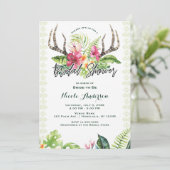 Tropical Flowers Boho Rustic Antler Bridal Shower Invitation (Standing Front)