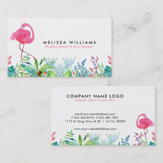 Tropical Flowers Border & Pink Flamingos Business Card