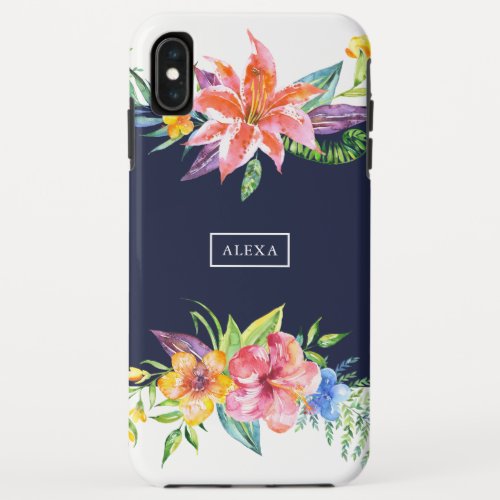 Tropical flowers bouquet border blue background iPhone XS max case
