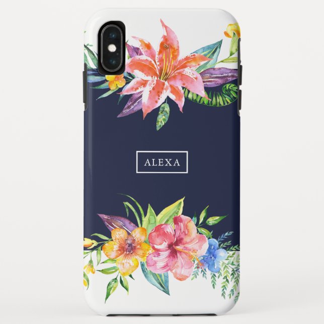 Tropical flowers bouquet border blue background Case-Mate iPhone case (Back)