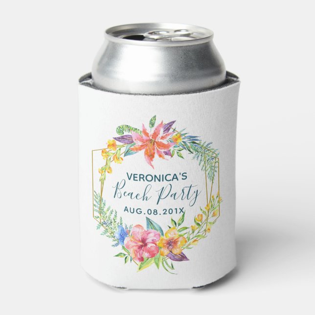 Tropical flowers bouquet gold geometric frame can cooler (Can Front)