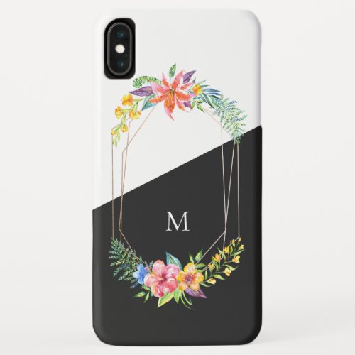 Tropical flowers bouquet gold geometric frame iPhone XS max case
