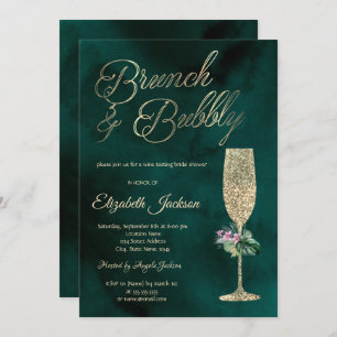 Tropical Flowers Champagne Glass Green Invitation