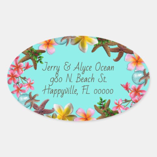 Tropical Flowers Christmas Starfish Address Oval Sticker