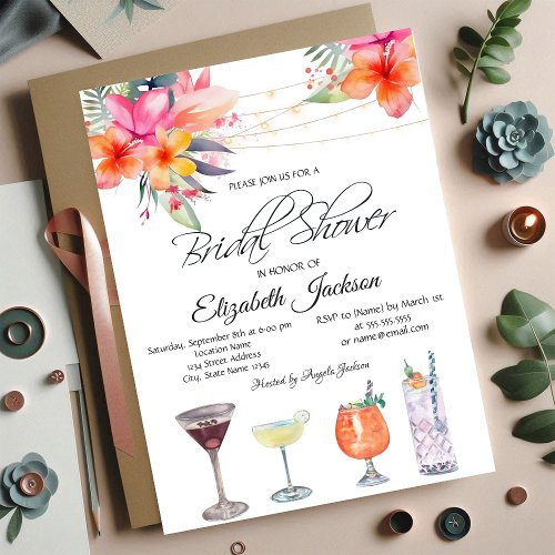 Tropical Flowers Cocktails  Bridal Shower  Invitation
