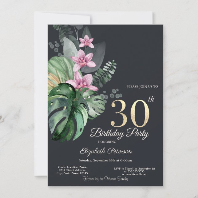 Tropical Flowers Dark 30th Birthday  Invitation (Front)