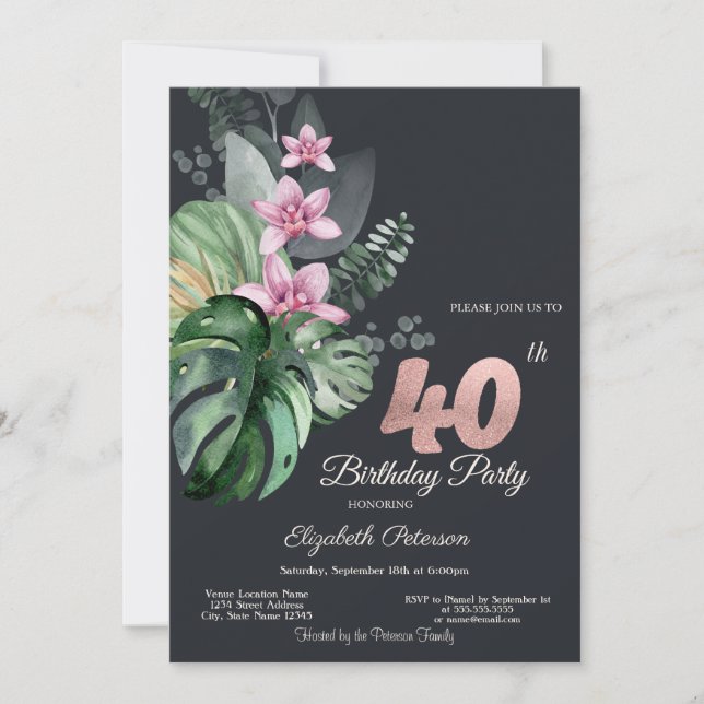Tropical Flowers Dark 40th Birthday  Invitation (Front)