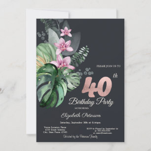 Tropical Flowers Dark 40th Birthday Invitation