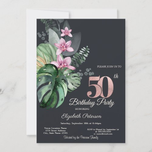 Tropical Flowers Dark 50th Birthday  Invitation