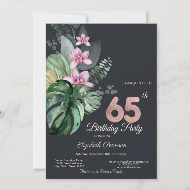Tropical Flowers Dark 65th Birthday  Invitation (Front)