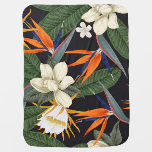 Tropical flowers, dark background, floral seamless baby blanket