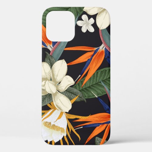 Tropical flowers dark background floral seamless iPhone 12 case