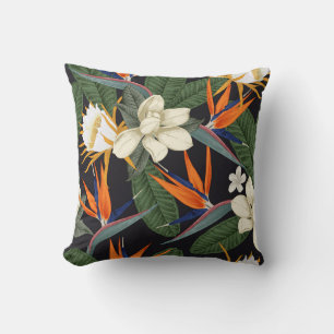 Tropical flowers, dark background, floral seamless throw pillow