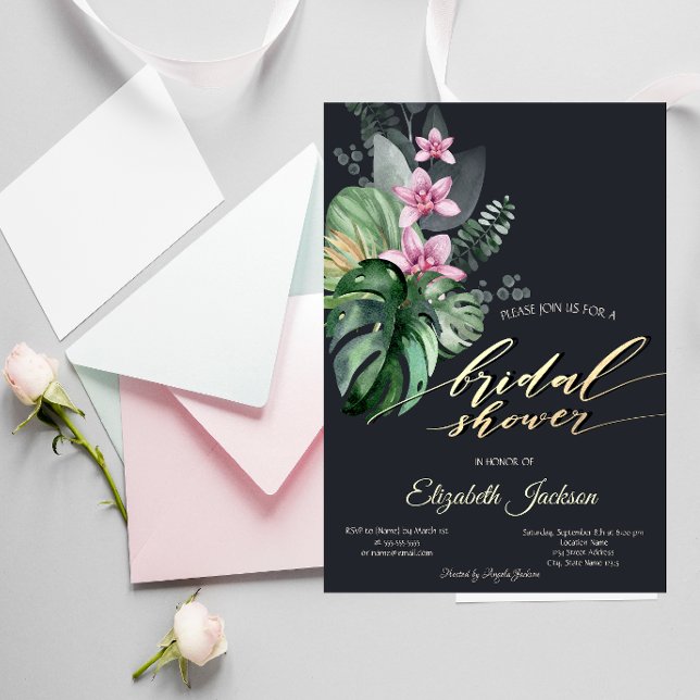 Tropical Flowers Dark Bridal Shower  Invitation (Creator Uploaded)