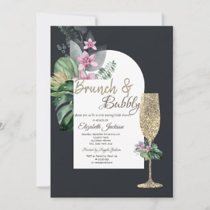 Tropical Flowers Dark Champagne Glass Invitation