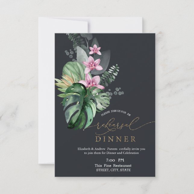 Tropical Flowers Dark Rehearsal Dinner   Invitation (Front)