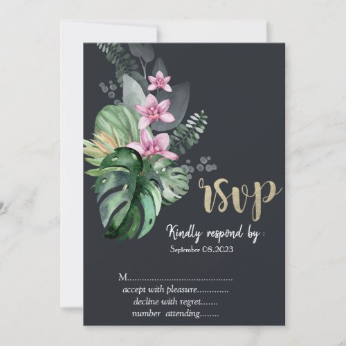 Tropical Flowers Dark RSVP   Invitation