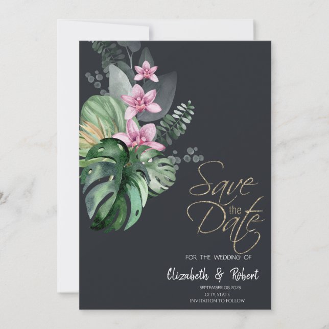 Tropical Flowers Dark Save The Date (Front)
