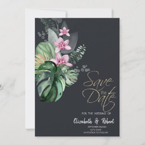 Tropical Flowers Dark Save The Date