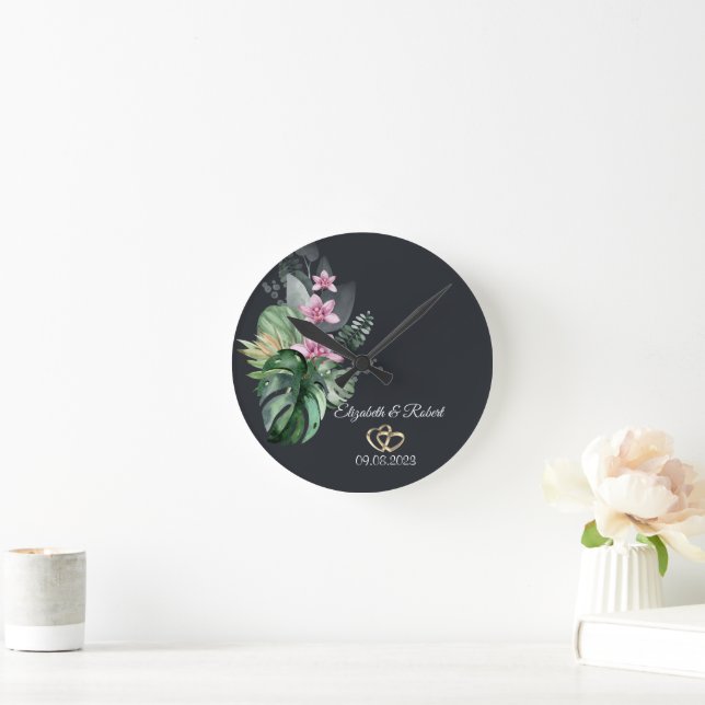 Tropical Flowers Dark Wedding Round Clock (Home)