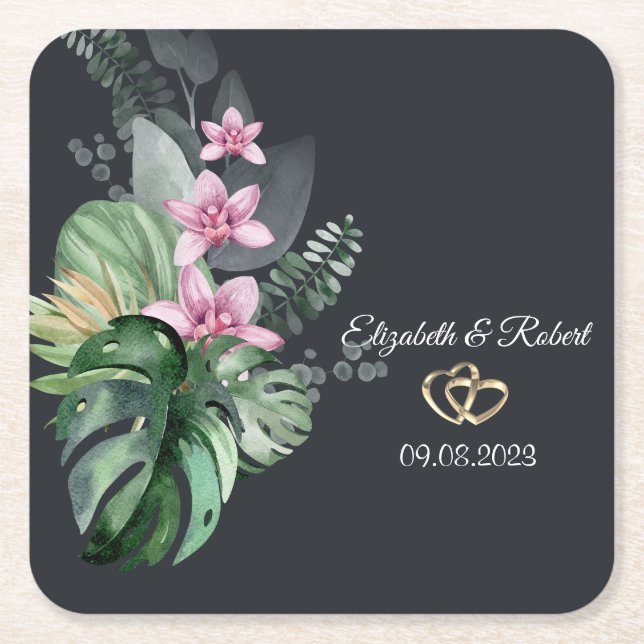 Tropical Flowers Dark Wedding Square Paper Coaster (Front)