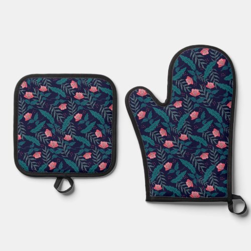 Tropical flowers design oven mitt  pot holder set