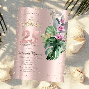 Tropical Flowers Diamonds Rose Gold 25th Birthday Invitation