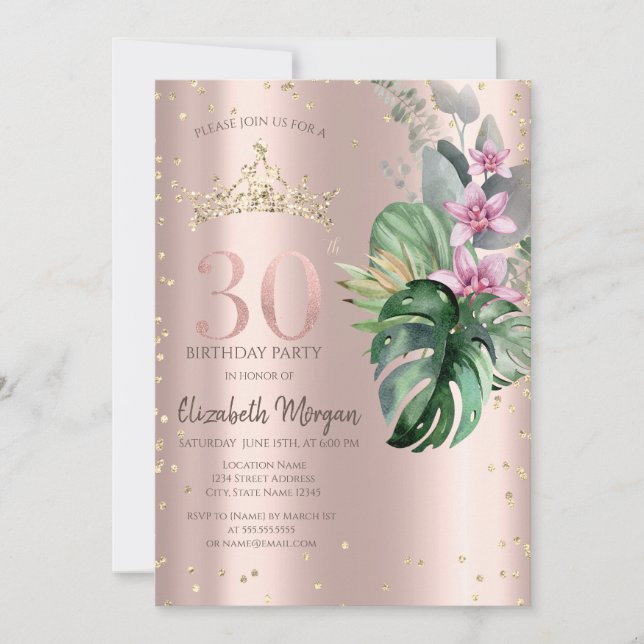 Tropical Flowers Diamonds Rose Gold 30th Birthday Invitation (Front)