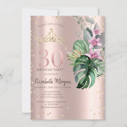 Tropical Flowers Diamonds Rose Gold 30th Birthday Invitation