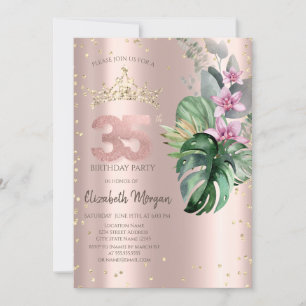 Tropical Flowers Diamonds Rose Gold 35th Birthday Invitation