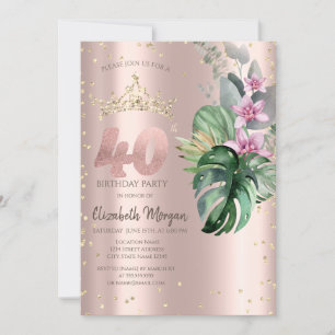 Tropical Flowers Diamonds Rose Gold 40th Birthday Invitation