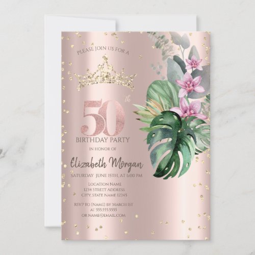 Tropical Flowers Diamonds Rose Gold 50th Birthday Invitation