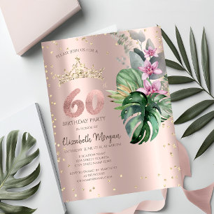Tropical Flowers Diamonds Rose Gold 60th Birthday Invitation
