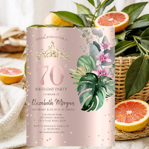 Tropical Flowers Diamonds Rose Gold 70th Birthday Invitation