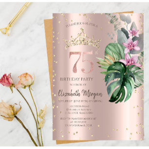 Tropical Flowers Diamonds Rose Gold 75th Birthday Invitation