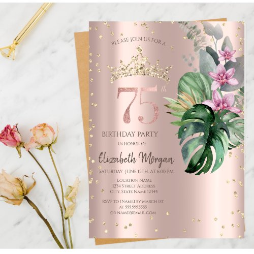 Tropical Flowers Diamonds Rose Gold 75th Birthday Invitation
