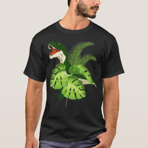 Tropical Flowers Dino Monstera T Rex Roaring Dinos T_Shirt