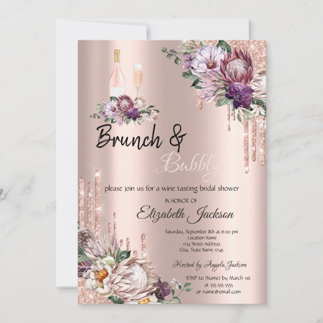 Tropical Flowers Drips Rose Gold Brunch & Bubbly  Invitation (Front)